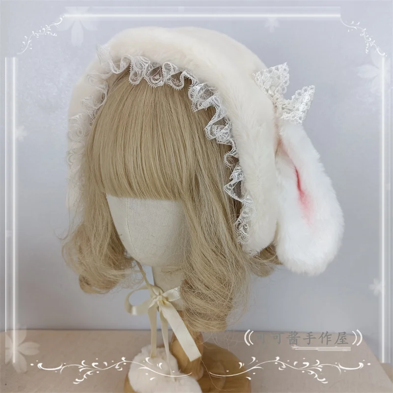 Original Handmade Lolita Rabbit Ears Earmuff Ancient Han Chinese Clothing Girl Heart Rabbit Ear Covers Plush Closed Toe Warm Hat