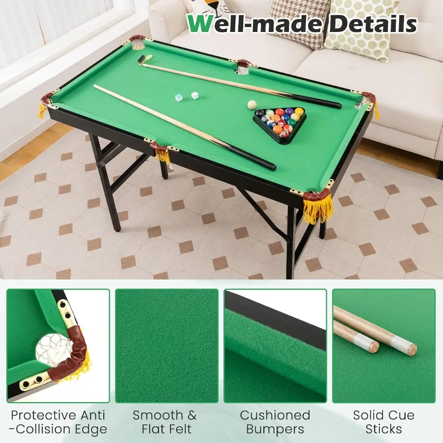 طاولة حمام سباحة صغيرة قابلة للطي مقاس 48 بوصة مع كرات 2 عصي طباشير وفرشاة للترفيه العائلي ألعاب الحفلات الداخلية المدمجة De