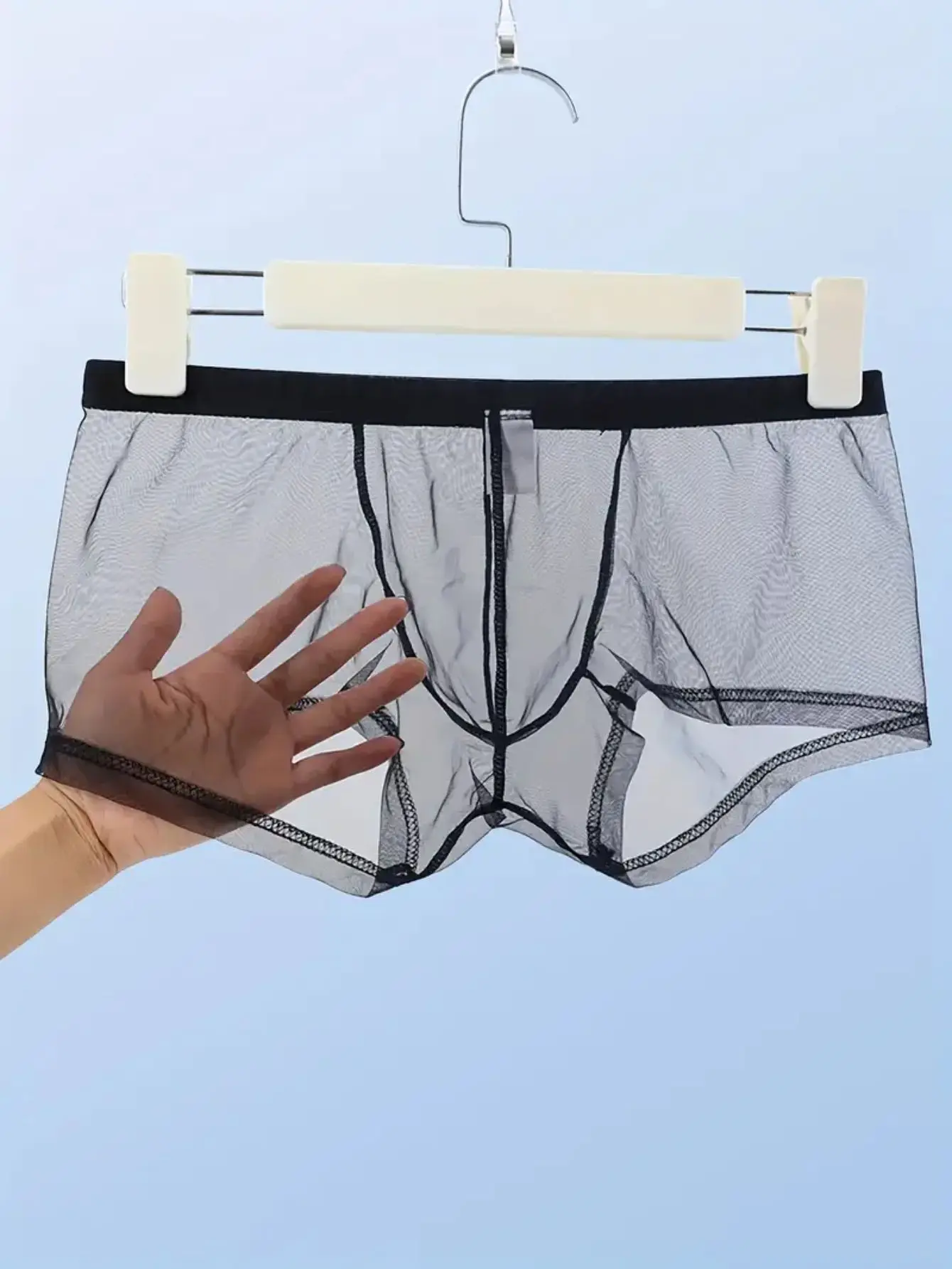 Men's see through mesh underwear, transparent, sexy, breathable, comfortable, short shorts, available in black and white colors
