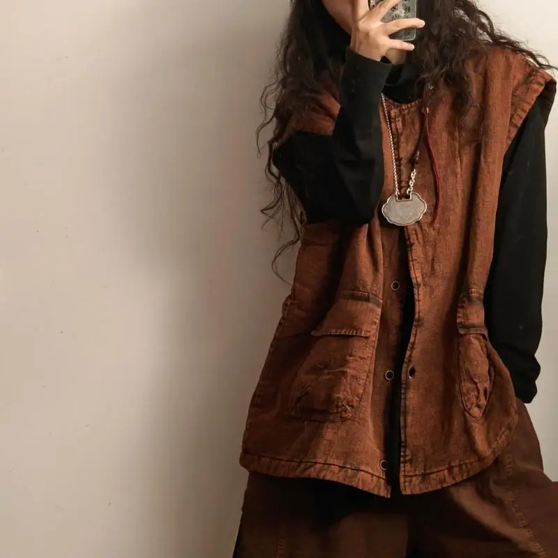 

Осенне-зимний женский жилет в стиле арт-кэжуал с круглым вырезом, на одной пуговице, без рукавов, с двумя карманами, из плотного хлопка и льна, винтажный, однотонный F169