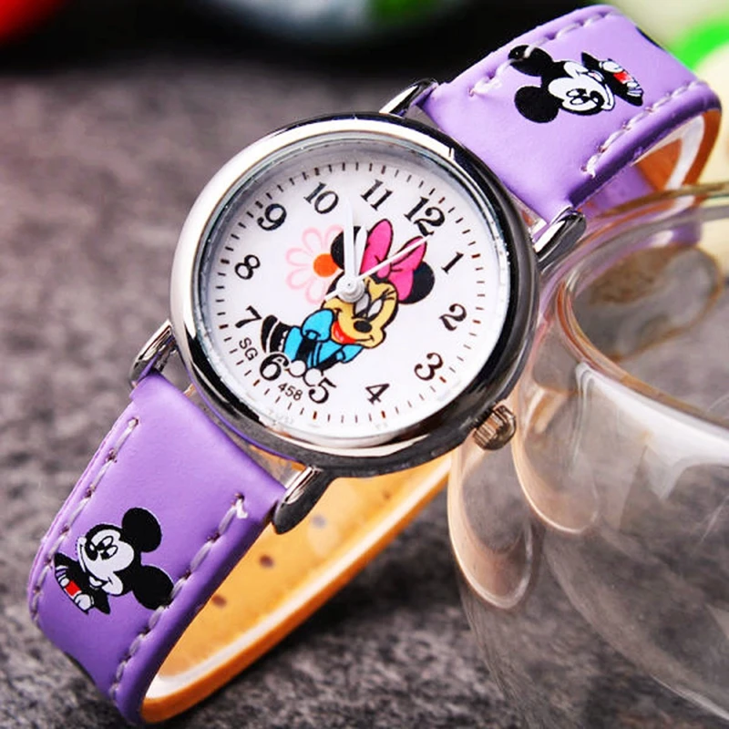 Disney Cartoon Watch Kids Mickey Mouse Watches Anime Figrues Children Boys Girls Pu Leather Quartz Wristwatch Clock Toys Gift
