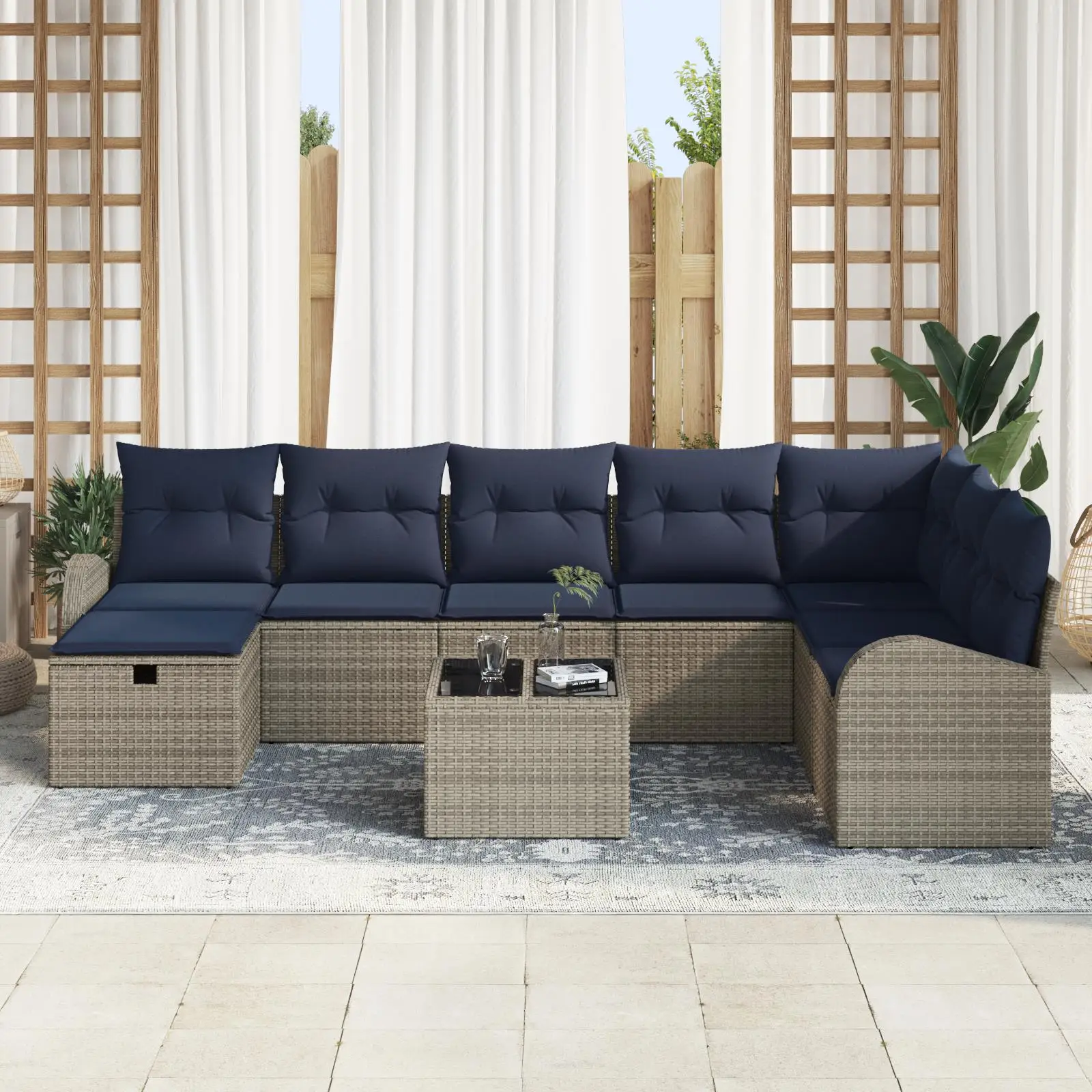 Conjunto de sofá de jardim externo de 9 peças com almofadas Móveis de vime cinza para pátio, varanda e quintal