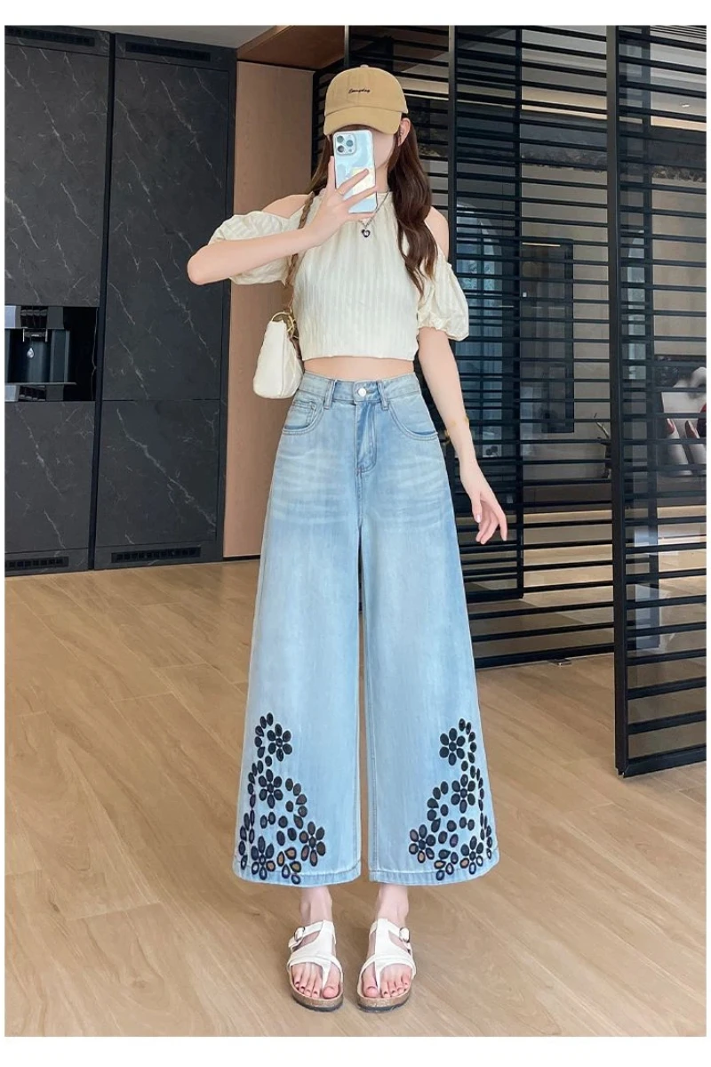 夏 Y2K ストレートレッグ クロップドジーンズ レディース ダメージ加工 レース刺繍 ホローデザイン パンツ おしゃれ トレンド