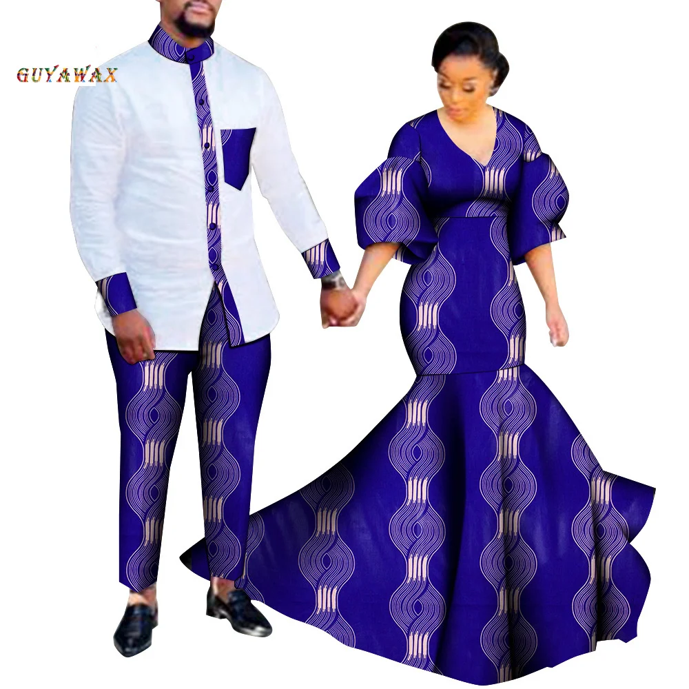 

Bazin Riche Wedding African Dashiki Print Couple Clothing for Lovers Men Top Pants Set and Women Puff Sleeve Party Long Dress