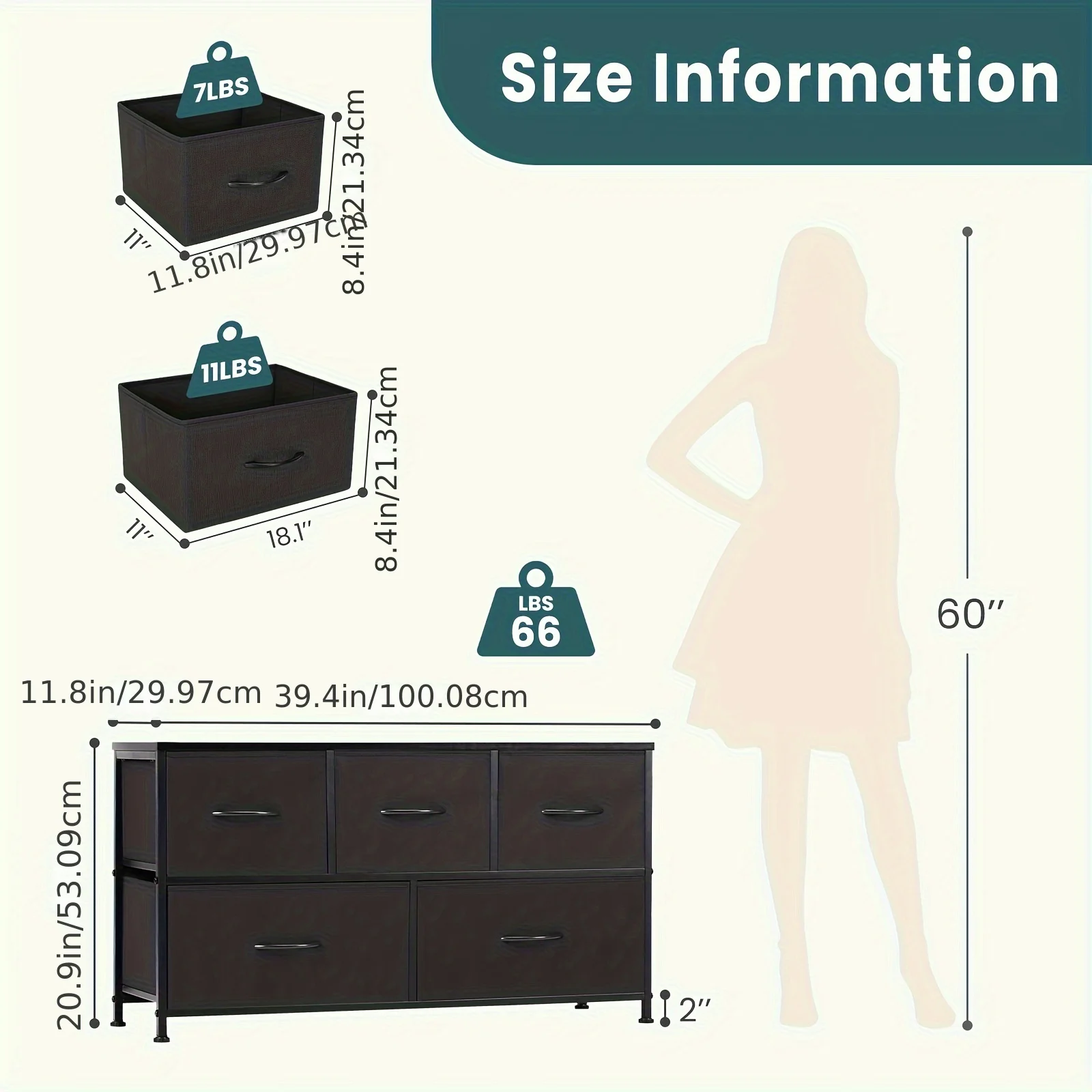 Dresser for Bedroom with 5 Fabric Drawers, Tall Chest Organizer Units for Clothing,