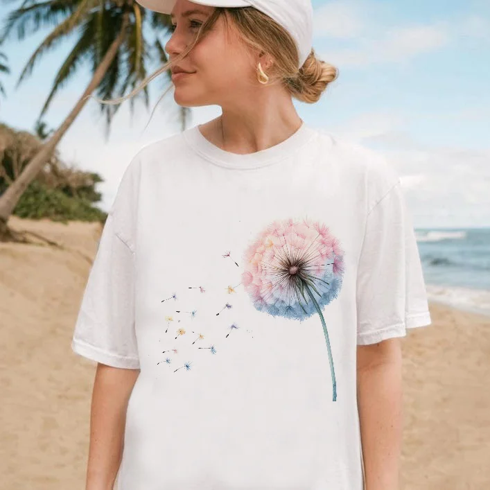 

Футболка с принтом одуванчика в стиле 90-х, забавный топ с короткими рукавами для путешествий, пляжа, отдыха, женская повседневная белая футболка с героями мультфильмов