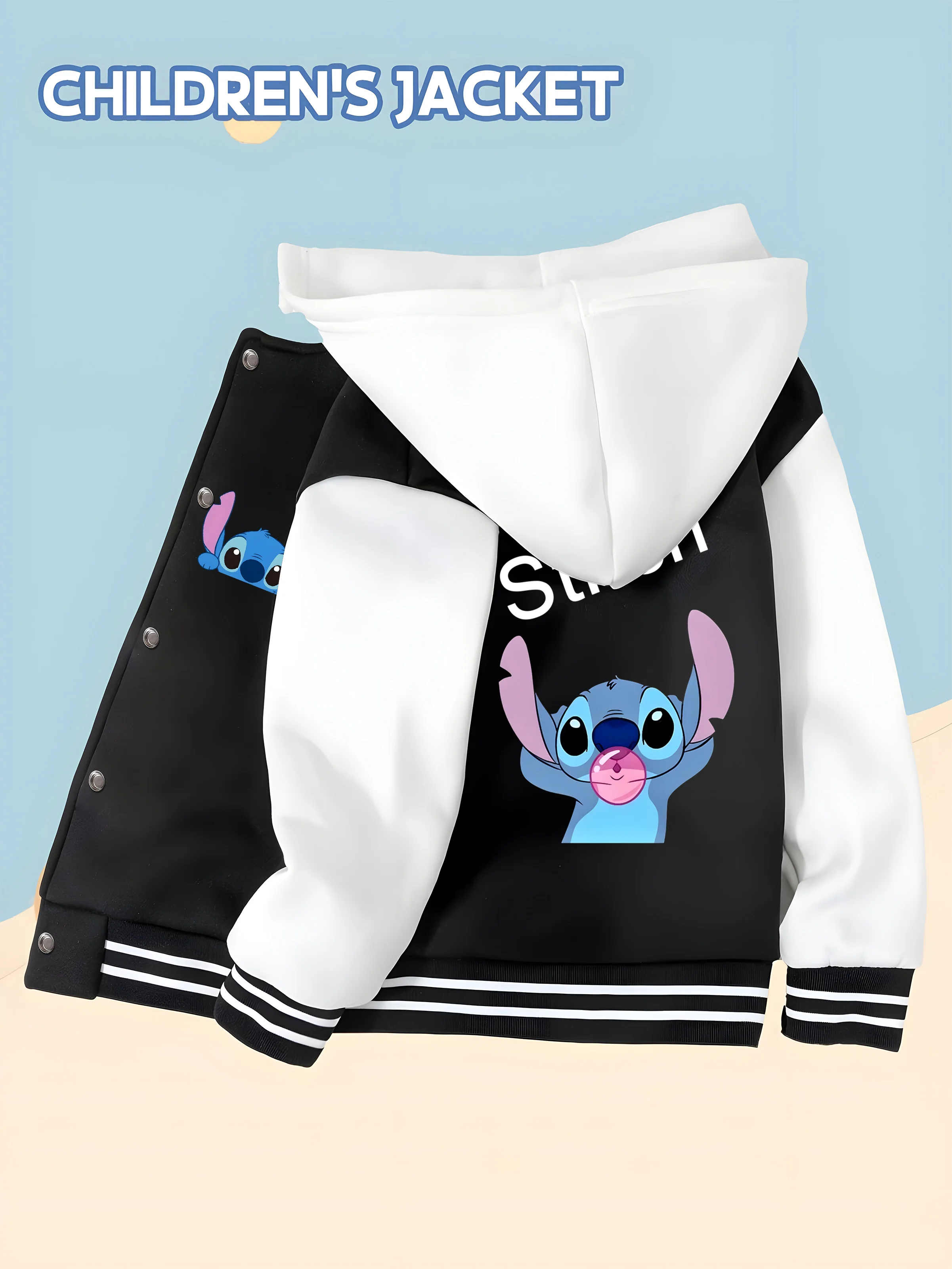 

MINISO Disney Stitch Print Boys' Baseball Jacket - Double-sided design is creative and suitable for everyday casual wear