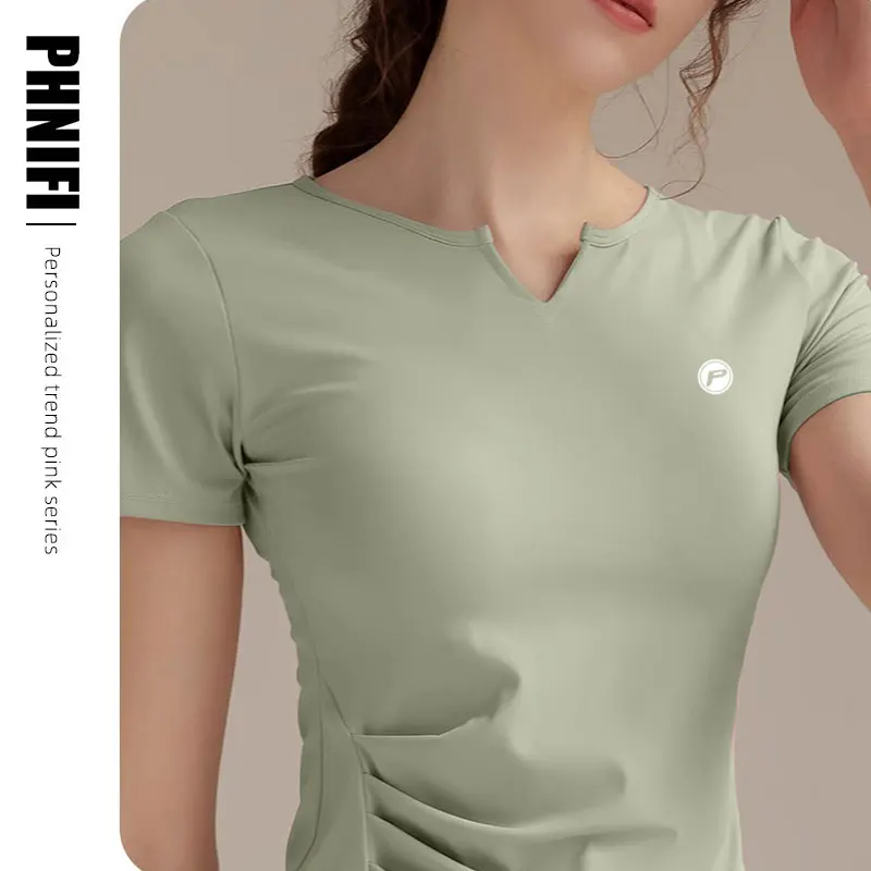 

Brand Quality Sports T-shirt with chest pad fitness jacket Quick Dry top pleated yoga short sleeve running T-shirt
