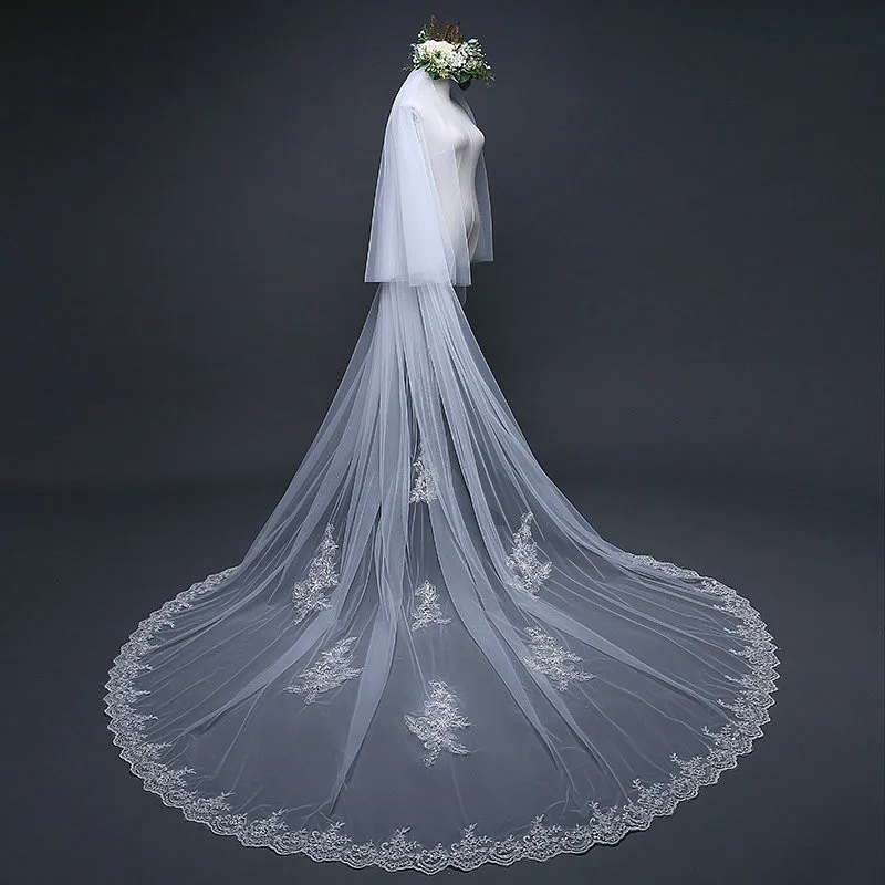 Foto reali Due Strato di 3 Metri di Lunghezza Da Sposa In Pizzo Velo con il Pettine Voile Da Sposa Velo Da Sposa Veu De Noiva accessori di cerimonia nuziale