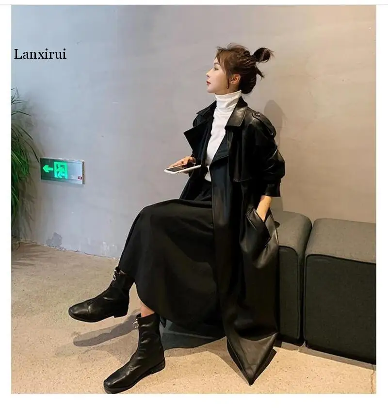 Lanxirui Spring Black Oversized Long Waterproof Leather Trench Coat for Women  Long Sleeve Loose Korean Fashion Clothing