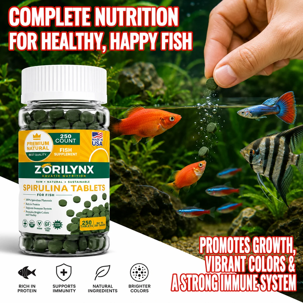 Tabletas de Espirulina de Alta Pureza, Alimento Enriquecido con Algas Espirales para Mascotas, Peces, Camarones Rojos, ZORILYNX