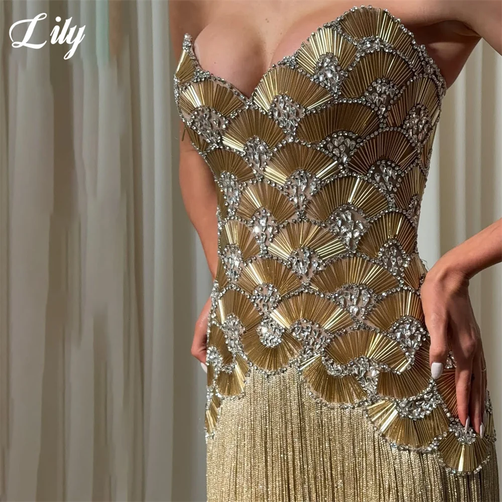 Lily Gold Evening Dress Sequin Crystal Mermaid Prom Dress Long Tassel Party Dress Sweetheart Celebrity Gala Dress Customized