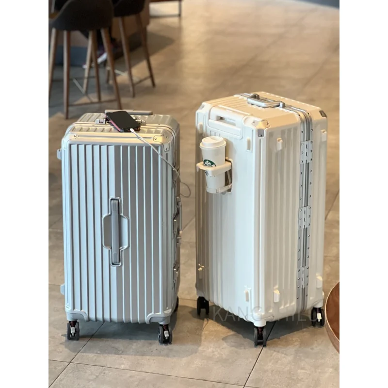 New Large Capacity Student Travel Suitcase Female Aluminum Frame Luggage Carrier 24 '28' inch Password Suitcase Cup Holder Brake