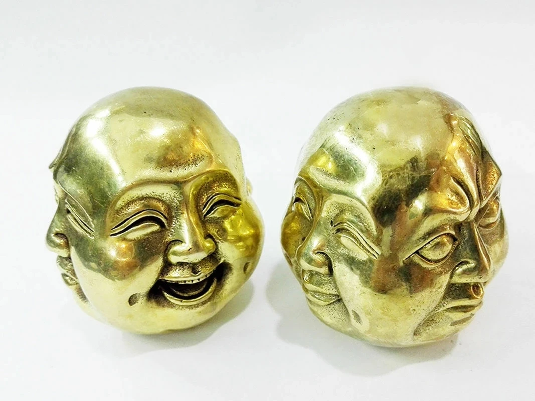 2PC Old Gold Color 4 faces buddha head statue Figures 6cm