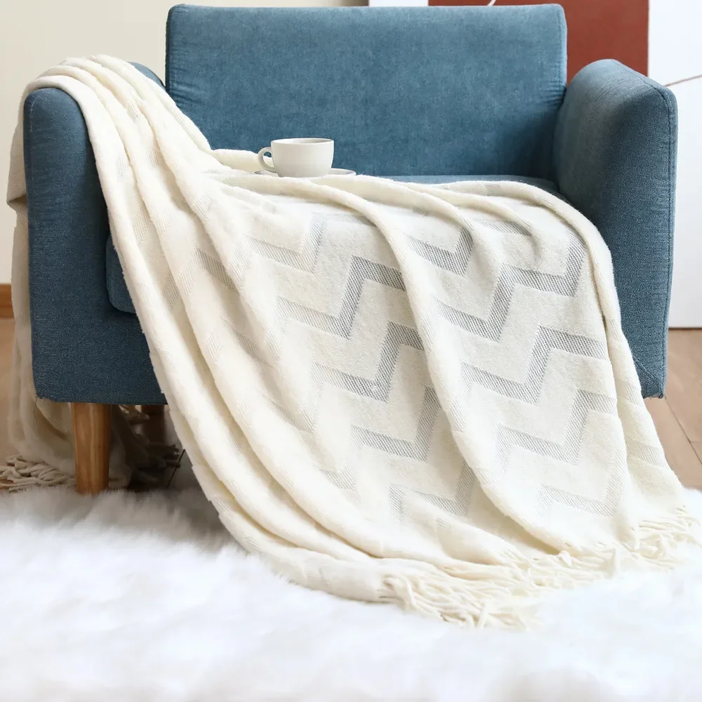 Cremeweiße böhmische gestrickte Überwurfdecke, einfarbig, für Büro, Nickerchen, Heimtextilien, Raumdekoration, klimatisierter weicher Stoff