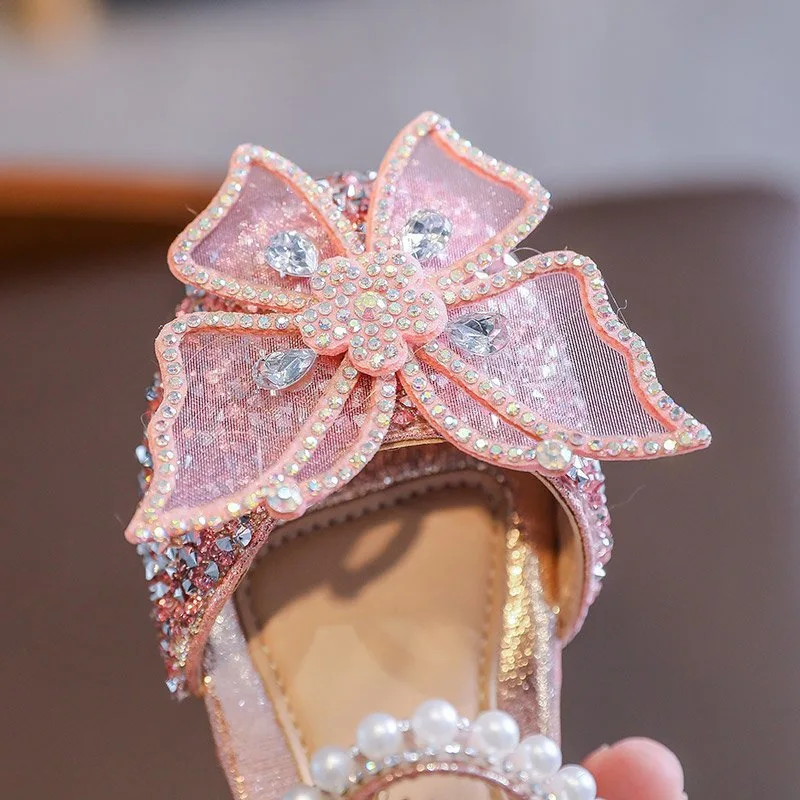 2024 New Korean Style Baby Girl Bow Princess Shoes Sandals For Girls Sequin Pearl Dance Performance Shoes