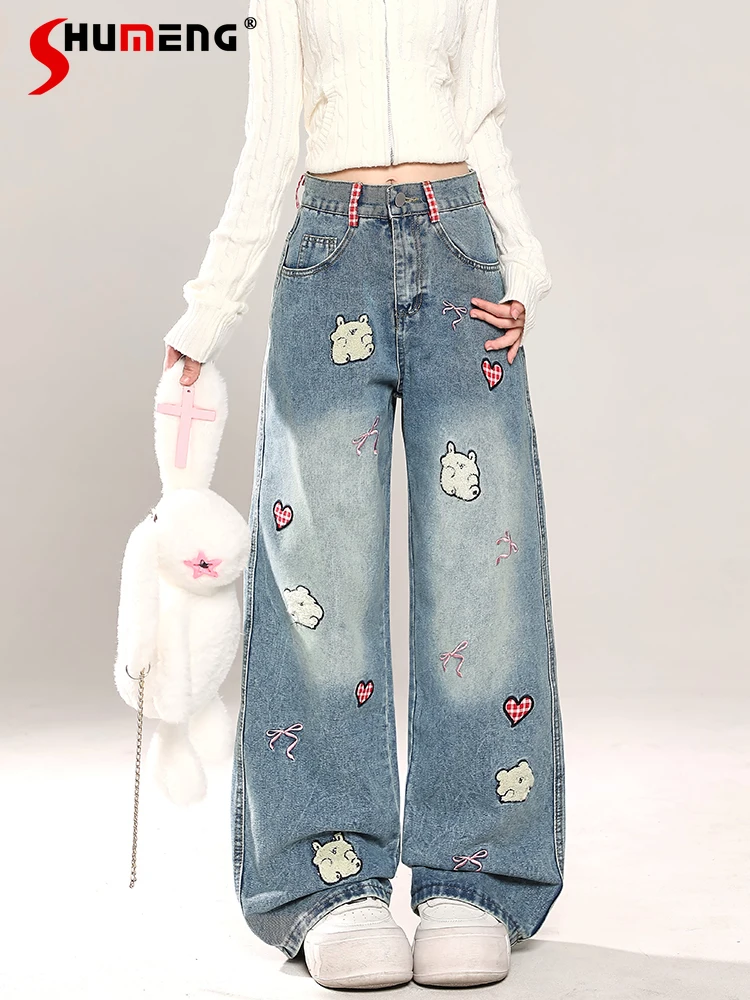 

Fashion Retro Cartoon Embroidered Wide Leg Denim Trousers Girls Y2k Pants High Waist Casual Straight Baggy Jeans Women Spring