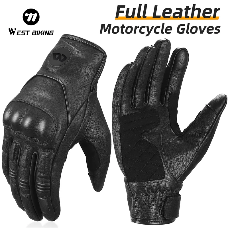 WEST BIKING Motorcycle Gloves Full Leather Sensitive Touch Screen Bike Gloves Men Windproof Cycling Gloves Riding Equipment