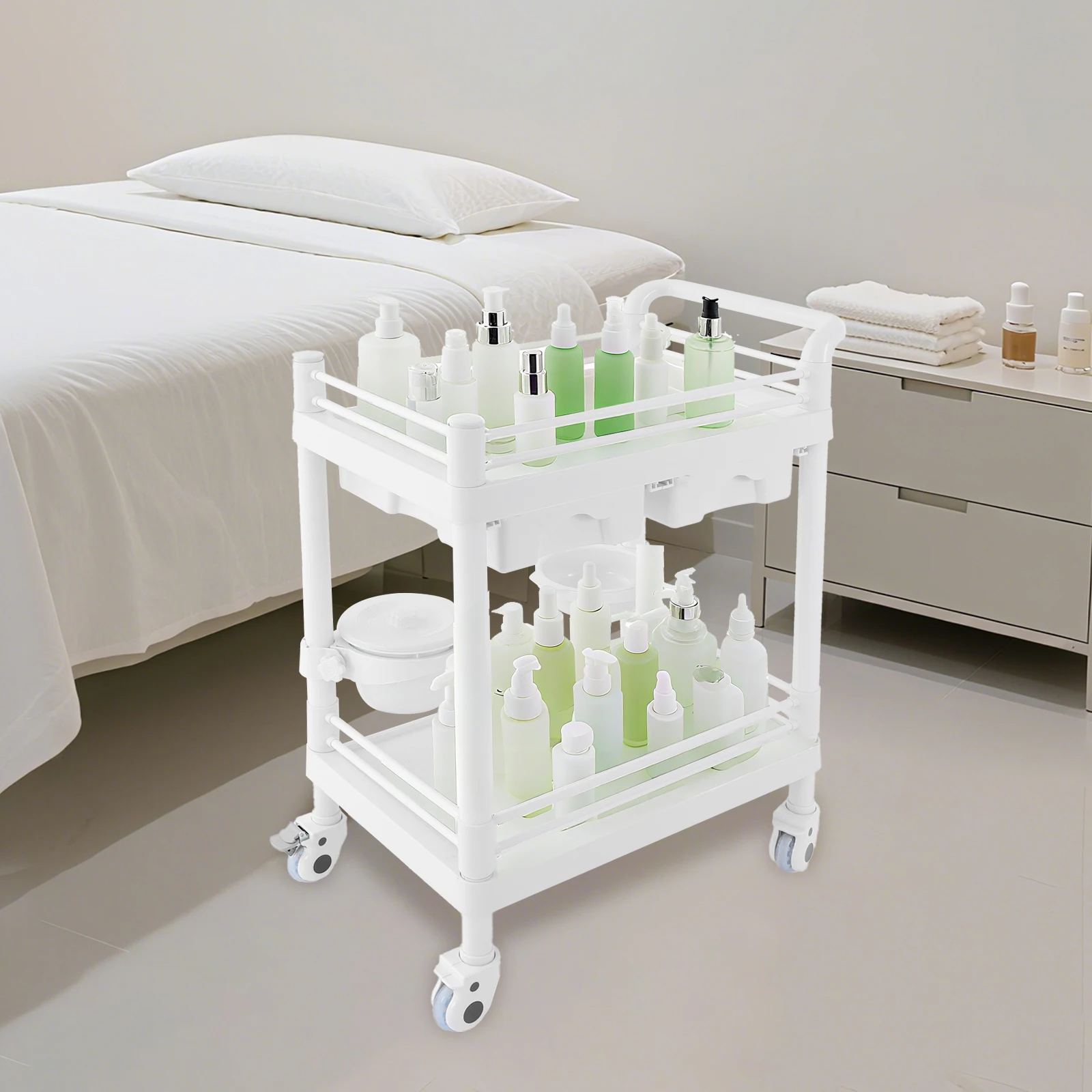 2 Tiers Medical Cart Mobile Trolley Cart Laboratory Trolley 90kg Load-Bearing Capacity for Hospitals/Beauty Salons/Offices
