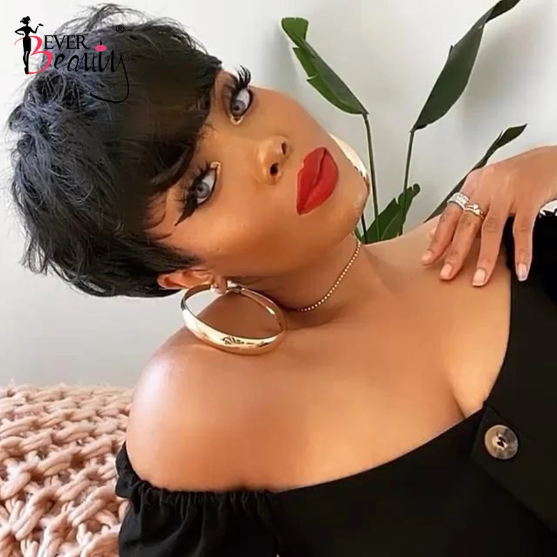 

Short Bob Pixie Cut Wig Straight Human Hair Wigs With Bangs Brazilian Virgin Hair Cheap Hair Wig For Black Women 99J Ever Beauty