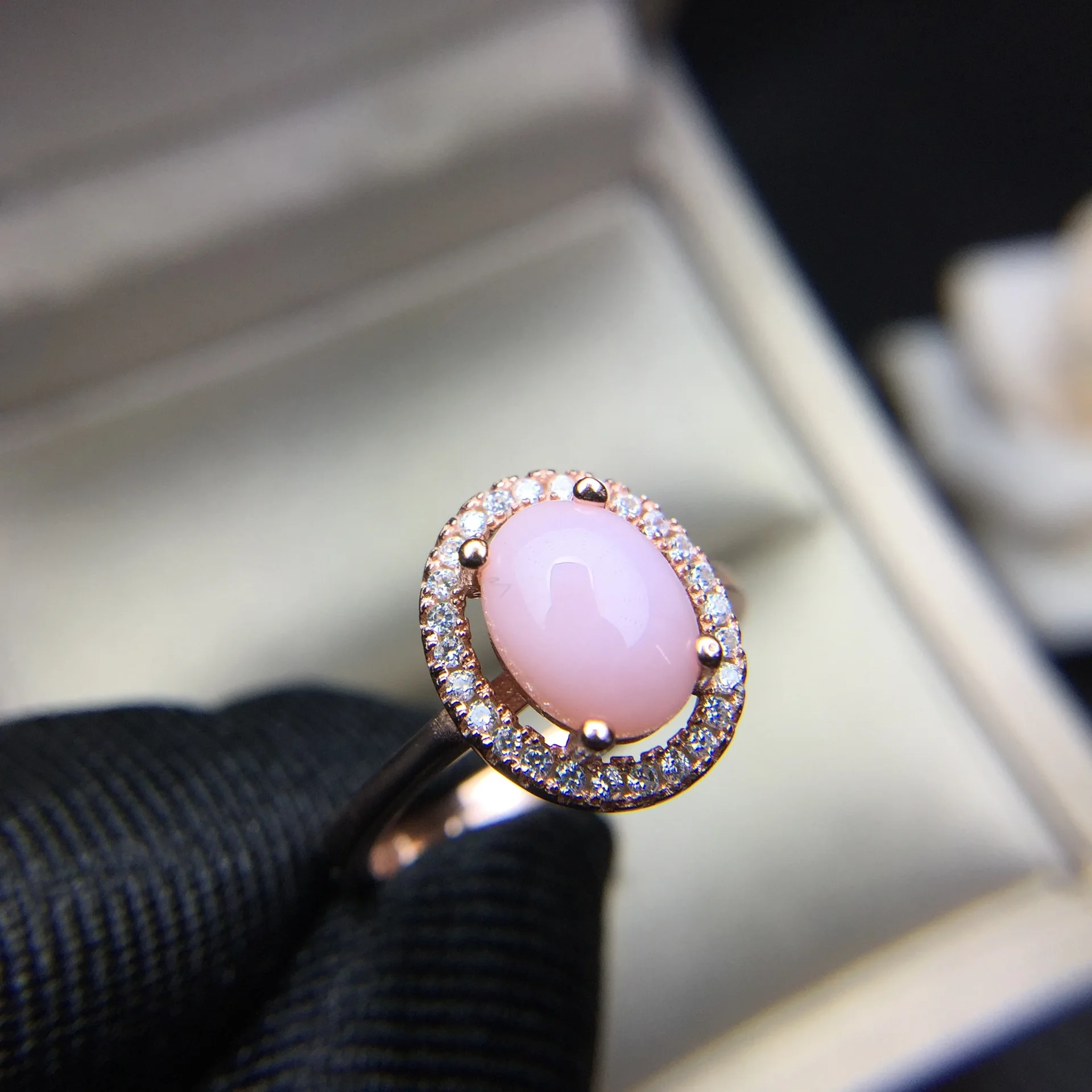 

MeiBaPJ 6mm*8mm Natural Pink Opal Gemstone Fashion Ring for Women Real 925 Sterling Silver Charm Fine Wedding Jewelry