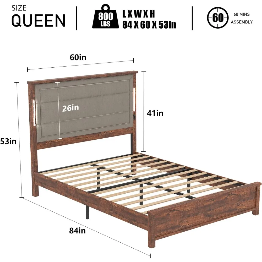 Bed Frame with Tall Headboard & LED Light, Linen Upholstered Headboard with Charging Station, Wooden Support Platform Bed Frame