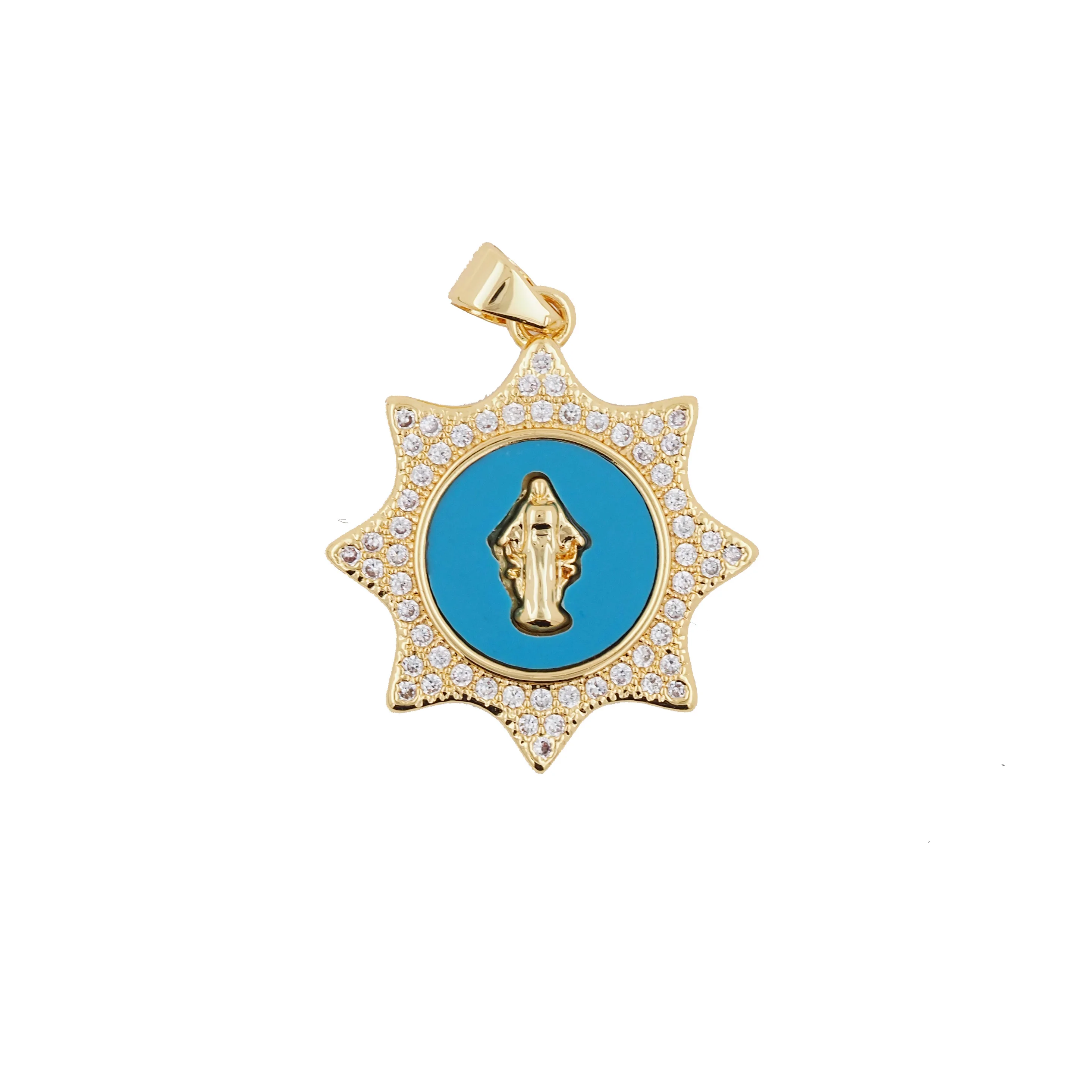 Brilliance Fine Jewelry 18K Gold Plated Virgin Mary Pendant Necklace Blue Turquoise Star Bijoux