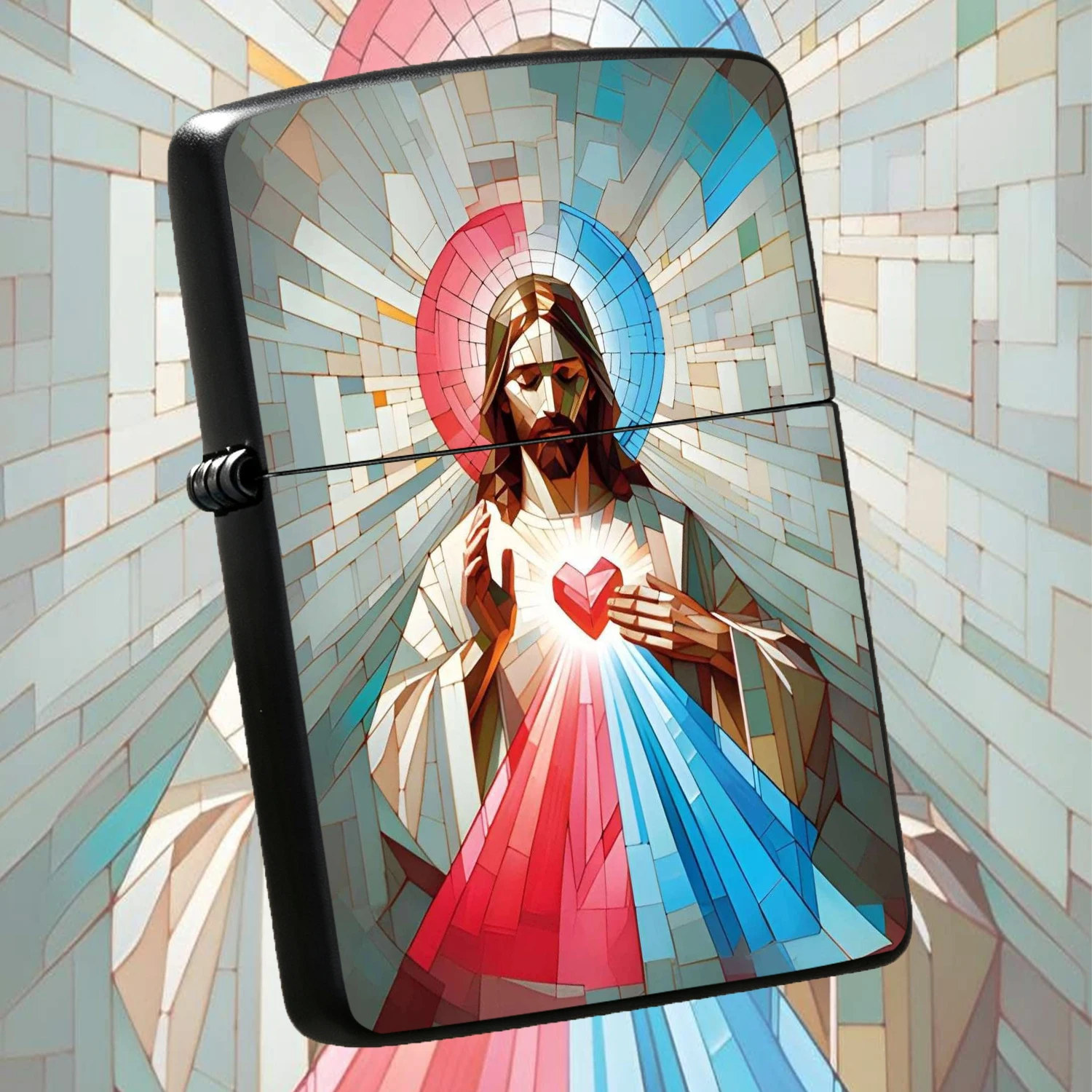 Mosaic Stained Sacred Heart Jesus Lighter, Artistic Geometric Religious Style Windproof PORTABLE Igniter, Smooth Durable Body for Daily Use, Ideal Gift for Faith Believers, Collectible Creative Present for Outdoor Indoor Lighting Needs A
