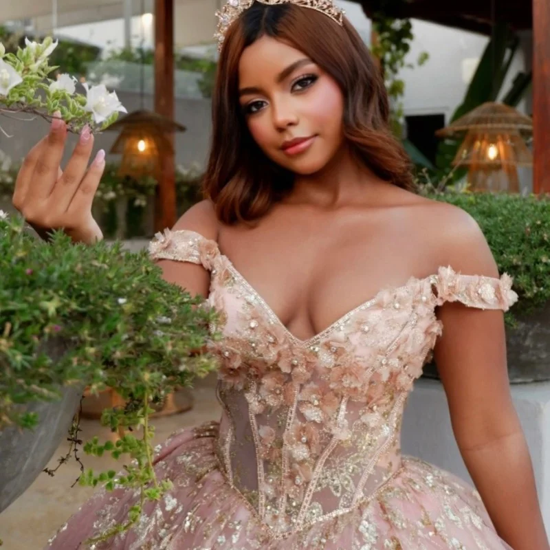 

Pink Quinceanera Dresses Off the Shoulder Golden Sequin Decal Flower Long tail Bow Vestido De 15 Quinceanera Customize
