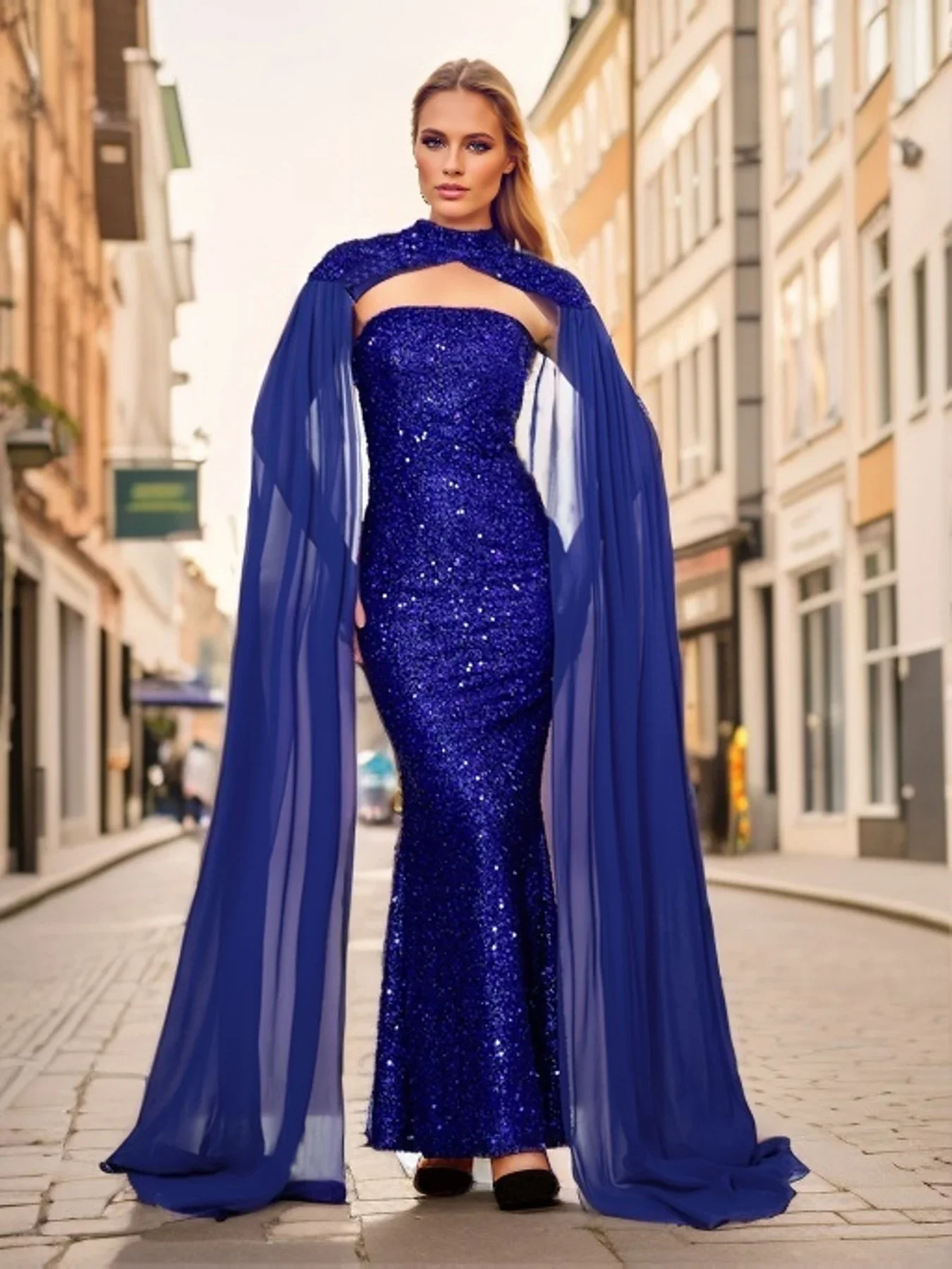 Sexy Strapless Cocktail Party Dress High Neck Chiffon Flying Sleeve Backless Sequined Elegant Evening Prom Gown Green Blue Wine