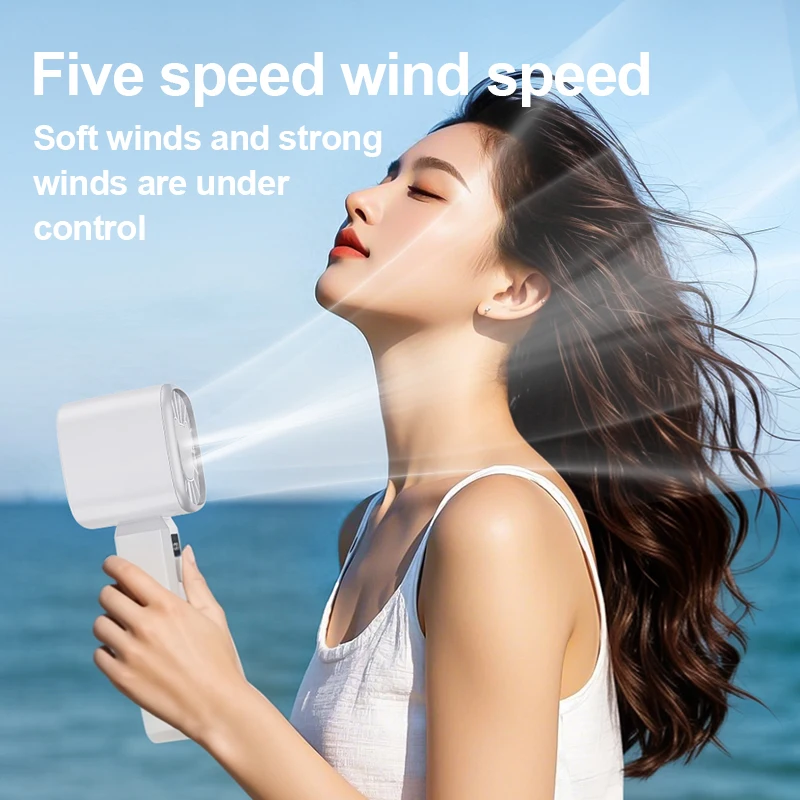 USB Handheld Mini Fan Foldable Portable Neck Hanging Fans 5 Speed USB Rechargeable Fan with Phone Stand and Display Screen