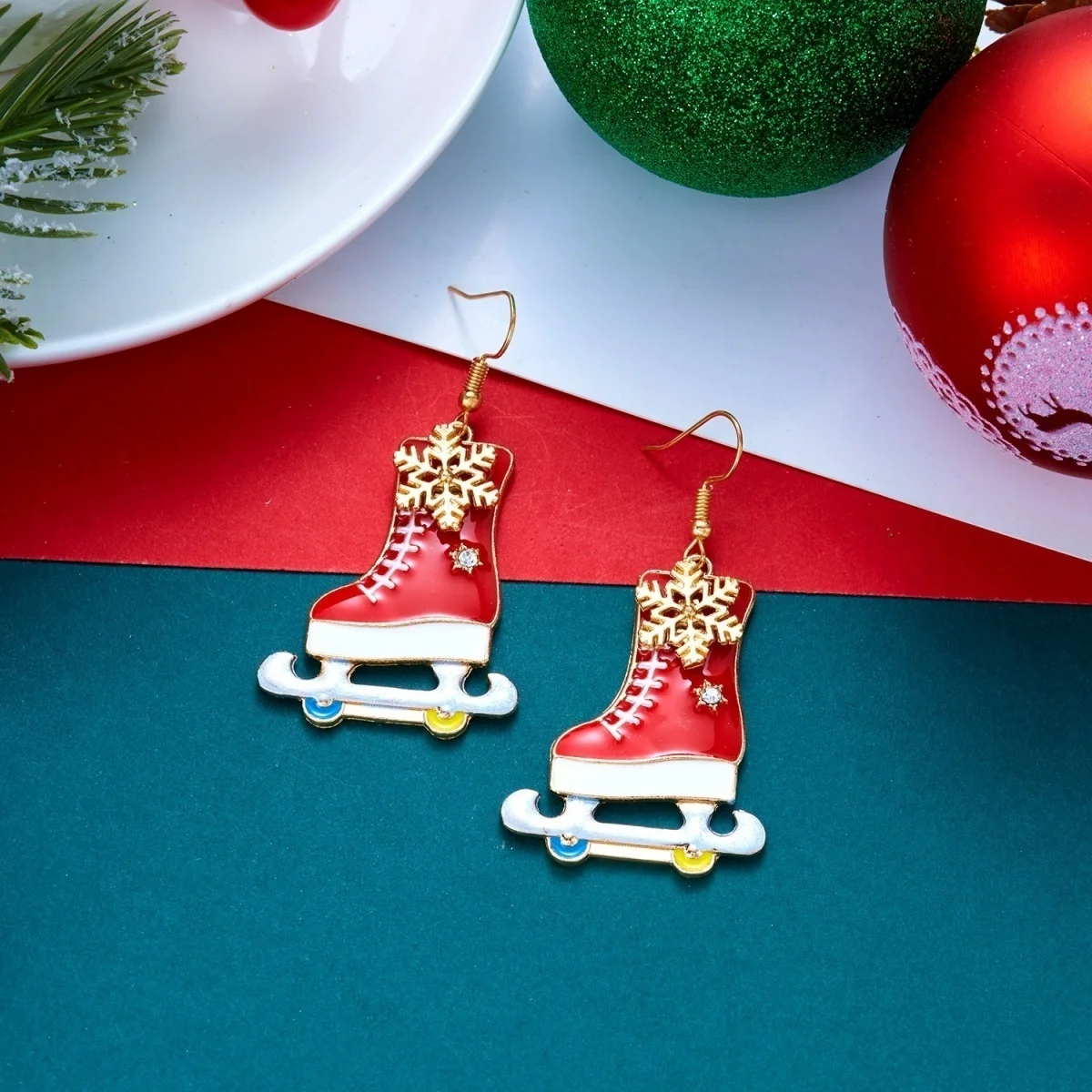 Bunte Strass-Weihnachtspullover-Geschenkbox-Ohrhänger für Damen, Weihnachts-Schneeflocken-, Schlittschuh-, Glühbirnen- und Haus-Ohrringe, Schmuck – Detail 27