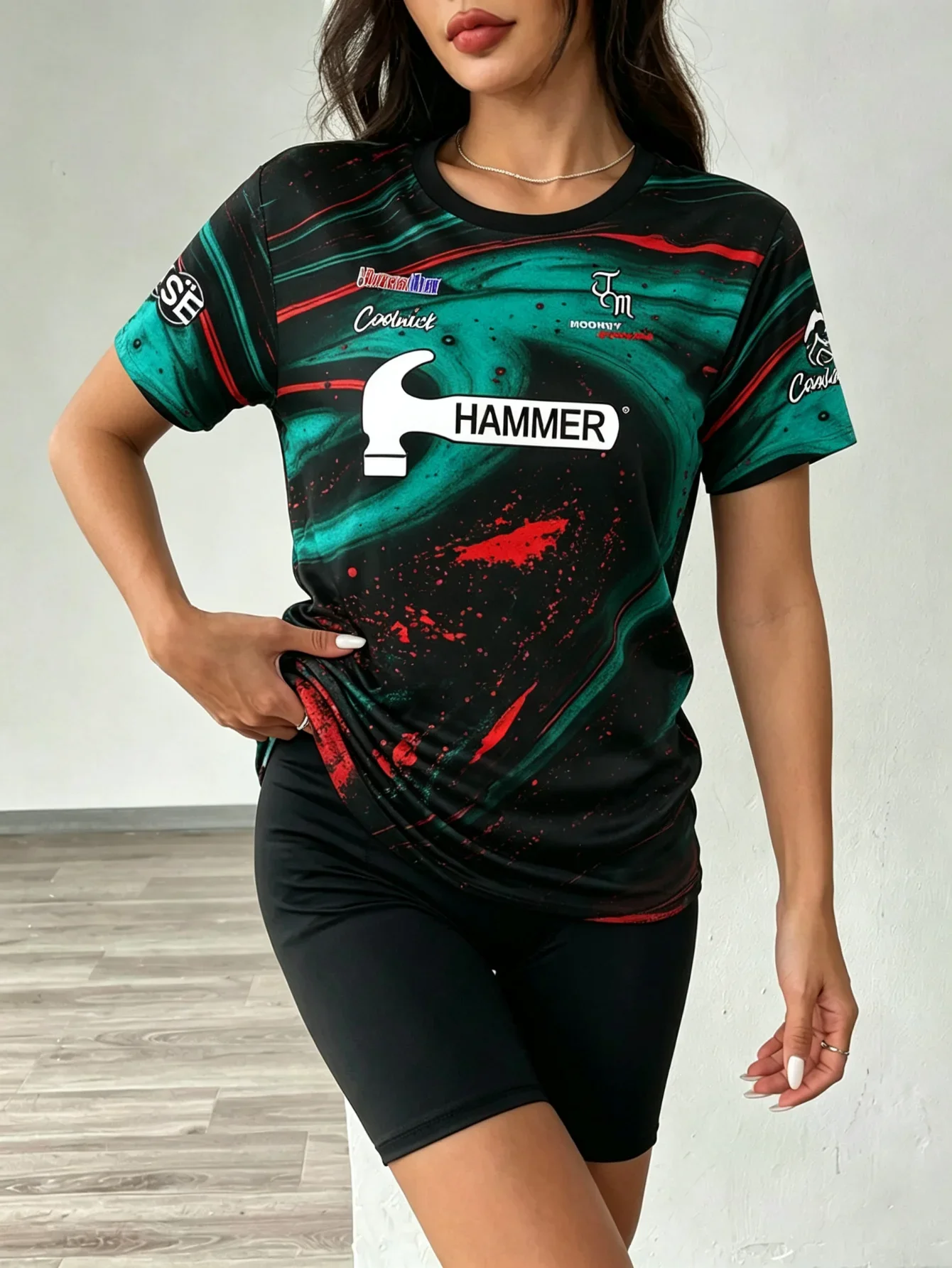 New Men Hammer Motivational Text Split Color Bowling Jersey Short Sleeve Performance Sports T-shirt Fan Casual Streetwear Tops