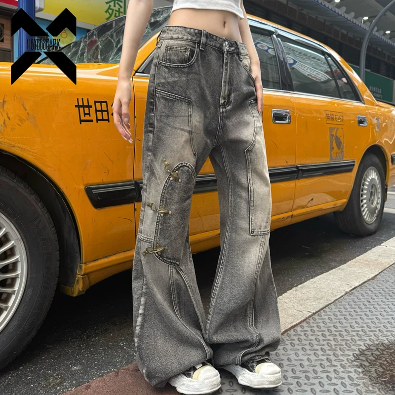 Vintage Washed Distressed Flare Jeans Men's Streetwear Patchwork Design Denim Pants Casual Trendy Brand Long Trousers