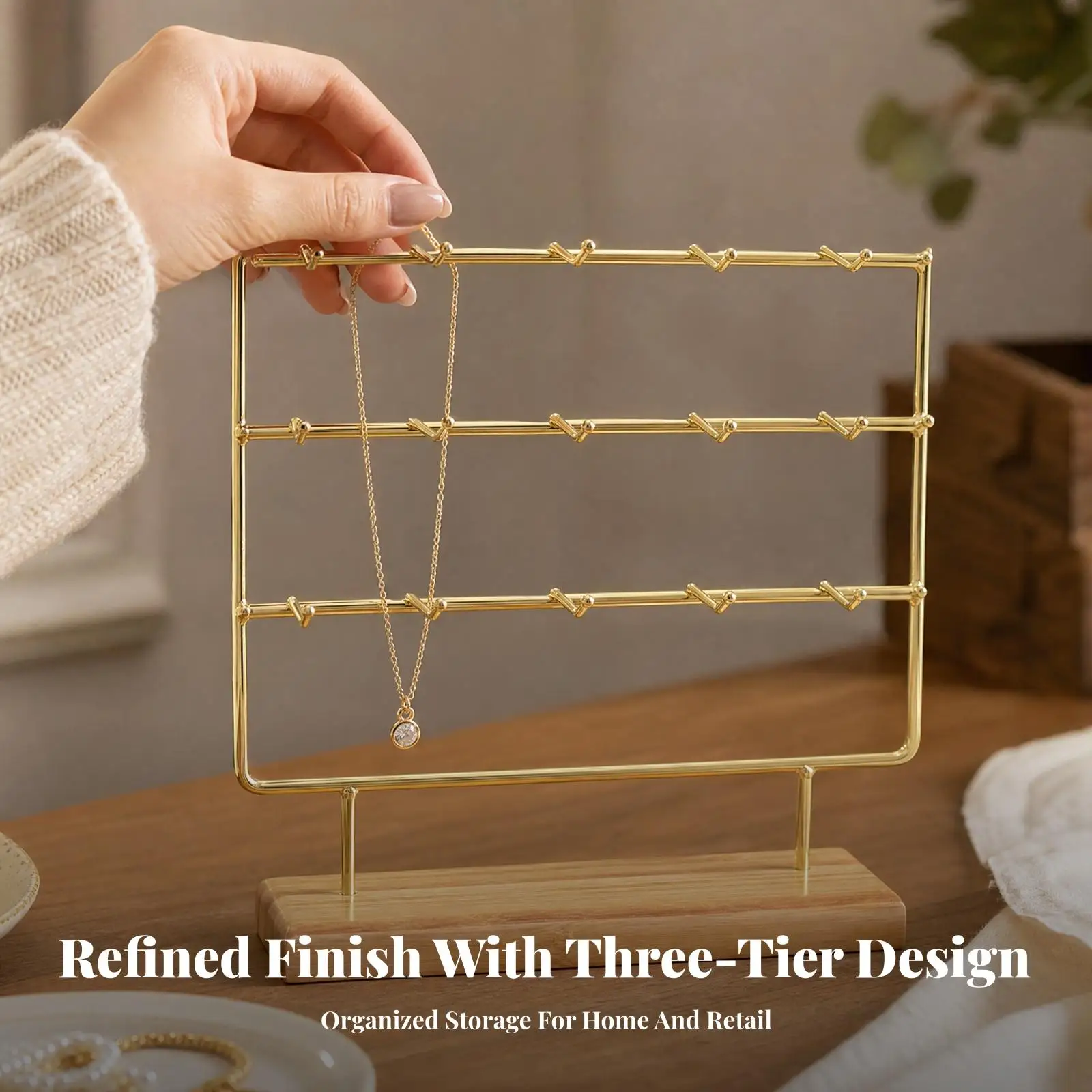 Freestanding Jewelry Stand with Hooks Compact Jewelry Display Rack Multi-Tier Necklace Holder with Wooden Base Sturdy