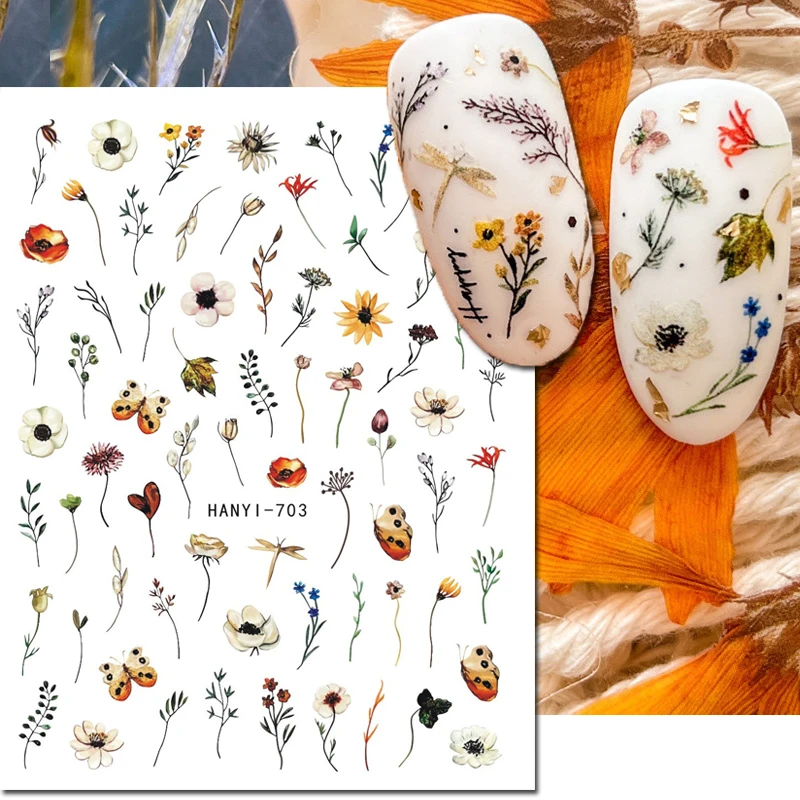 3d Nail Art Stickers Dry Daisy Leaves Buds White Petals Flowers Butterfly Adhesive Sliders Decals Decorated Nail Manicures