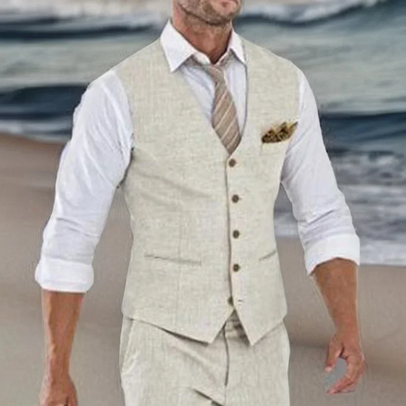 Linen Vest for Men Wedding Summer Beach One Piece Waistcoat V Neck Male Fashion Coat Ready to Ship