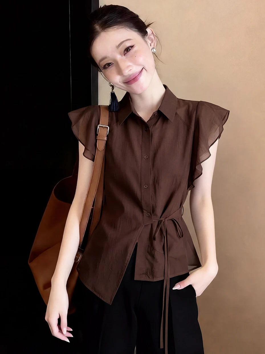 

Chic Coffee Colored Short Sleeve Slim Fit Shirt with Ruffle Design And Belt for Women Spring Summer Fashion Korean Style