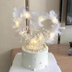 Feather Heart Cake Topper LED Light Angel Feather Cake Toppers For Wedding Birthday Party Cake Decoration Valentine's Day Gifts