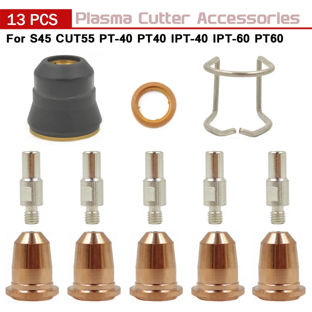 13PCS Plasma Cutter S45 Torch Trafimet Consumables Kit PR0110 Short Electrode PD0116 Short Tip Swirl Ring PE0106 Shield Cup