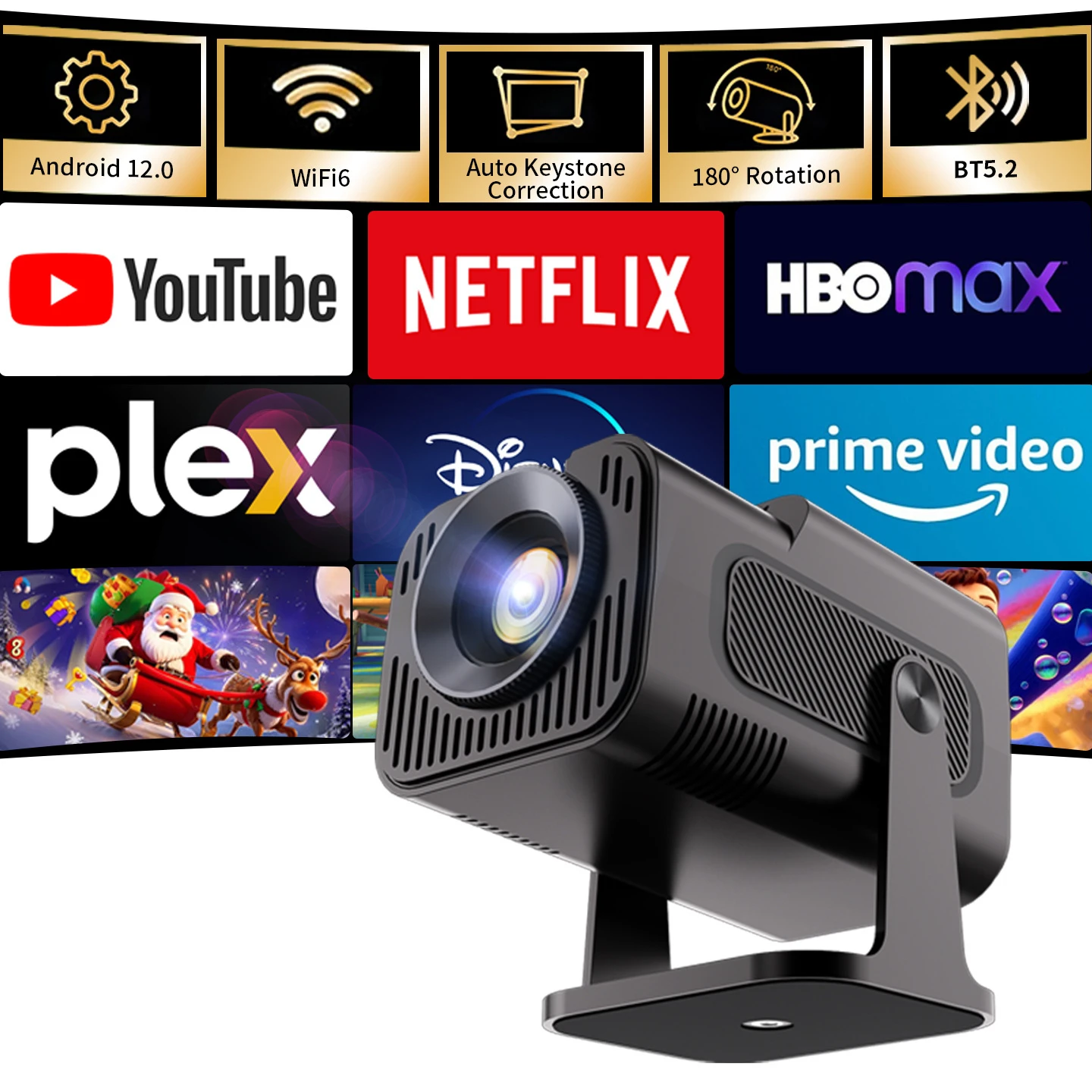 Мини-проектор HY320 на Android 11, 720P с WiFi6 и BT5.0, нативное разрешение 720P, поддержка 4K, яркость 150 ANSI, автоматическая коррекция трапецеидальных искажений, 40-120 дюймов, для дома