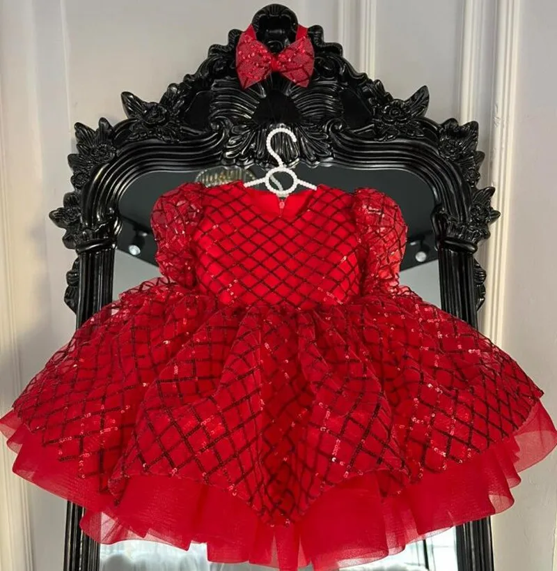 Festa de natal princesa lantejoulas vermelho meninas arco vestido de baile tutu vestidos luxuriante bebê crianças casamento vestido personalizado