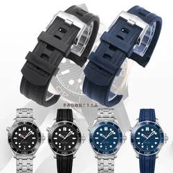 Waterproof Black Blue Arc Interface Watchband for Omega New Seahorse 300 Rubber Men Silicone Replacement 20mm Watch Strap