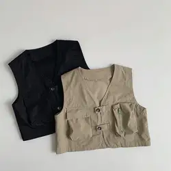 2025 Summer New Children Sleeveless Cardigan Baby Boy Girl Vintage Casual Vest Toddler Solid Pocket Jacket Kids Versatile Tops
