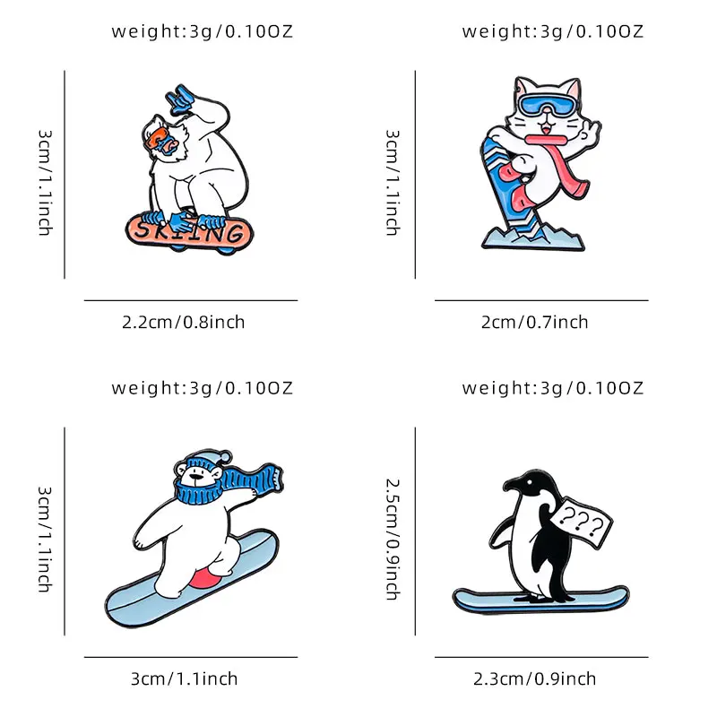 4 Styles Funny Animal Skiing Design Enamel Brooches Cute Penguin Polar Bear Cat With Ski Board Lapel Pins Winter Sports Badge view 6