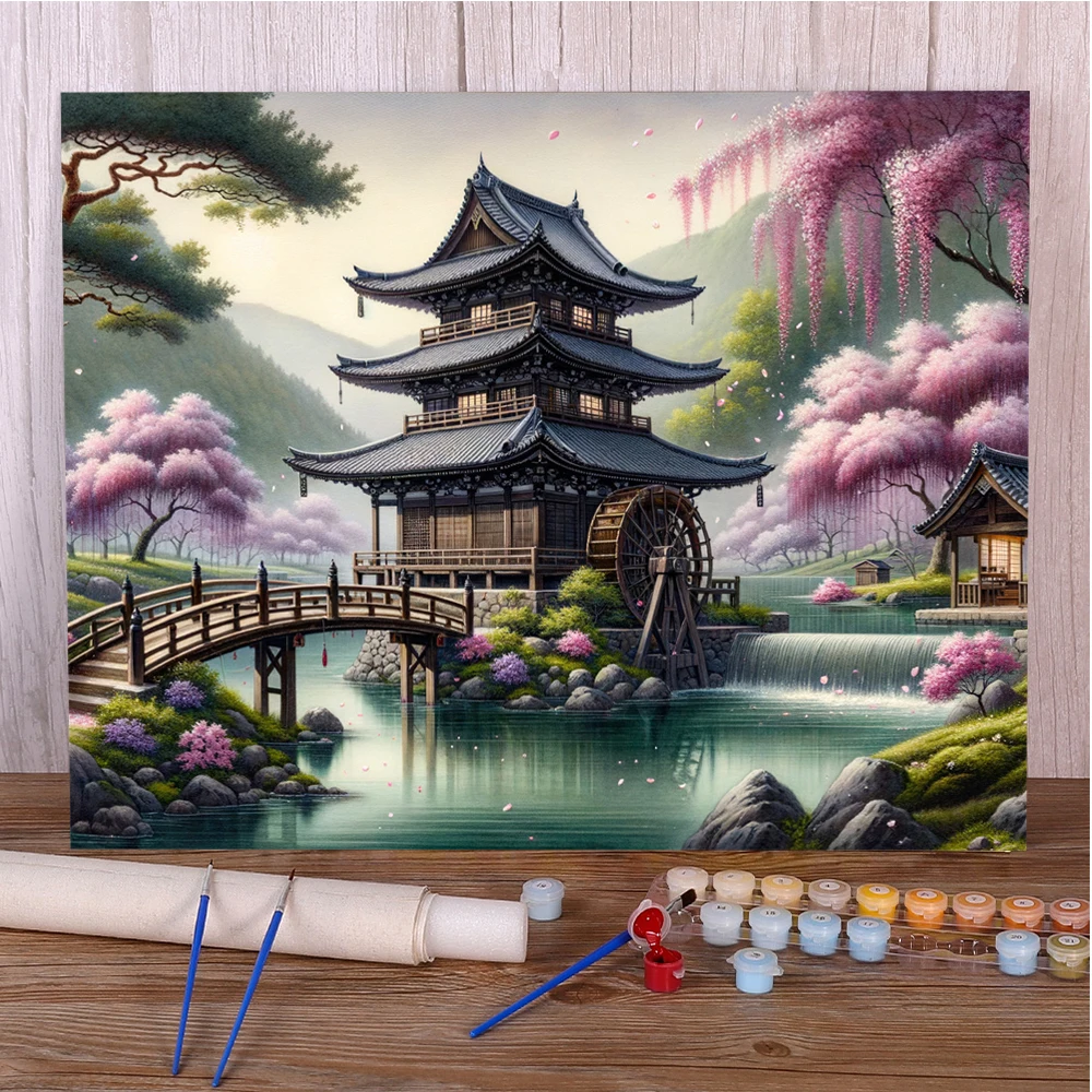 Landscape Japanese Pagoda DIY Painting By Numbers Kit Acrylic Paints 50*70 Oil Painting Loft Wall Picture For Adults Handicraft