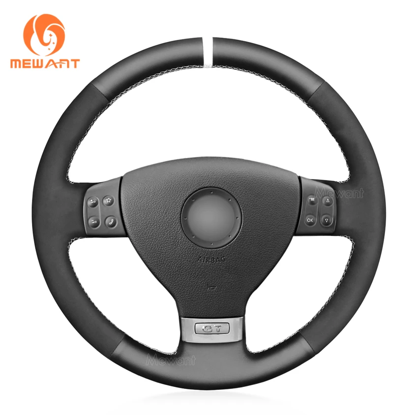 MEWANT Black Genuine Leather Suede Car Steering Wheel Cover for Volkswagen VW Golf 5 V Plus Passat Variant Tiguan Touran