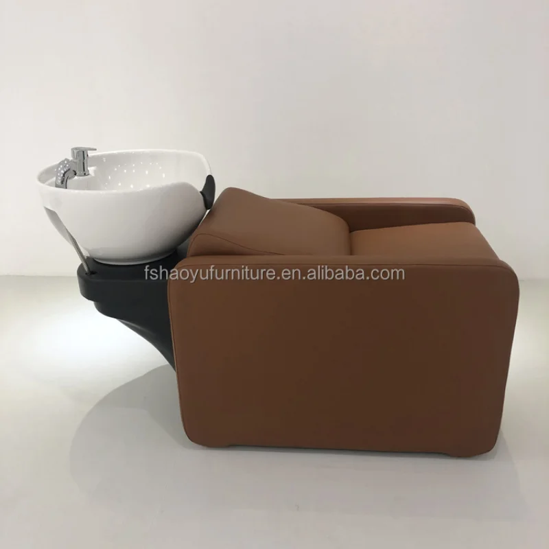 custom.Modern Style Hair Salon Brown Leather Shampoo Chair with White Washing Sink & Adjustable Footrest Styling Salon view 4