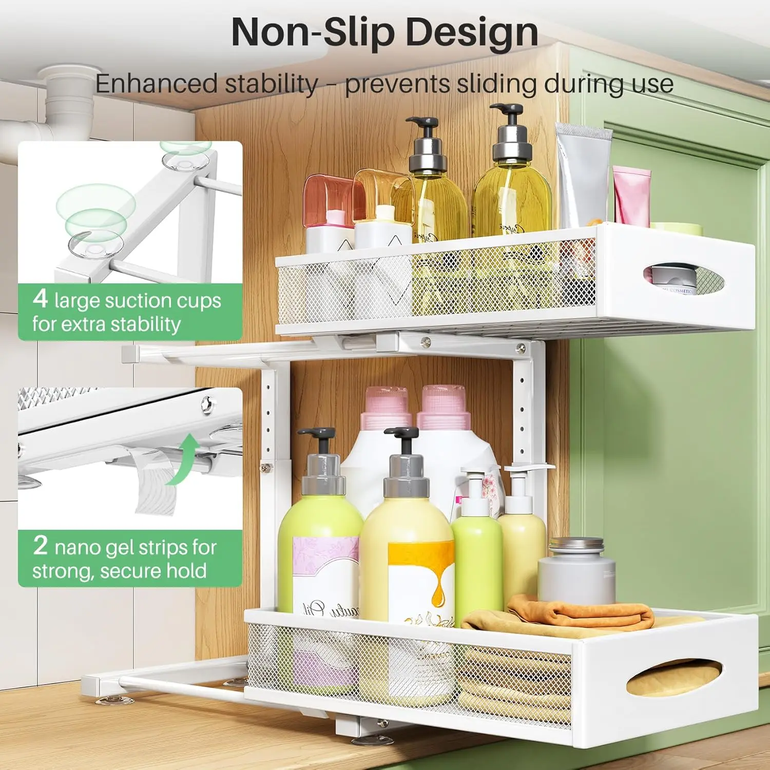 2-Pack Under Sink Organizer with Mesh Drawers, Adjustable Height for Kitchen Bathroom Storage