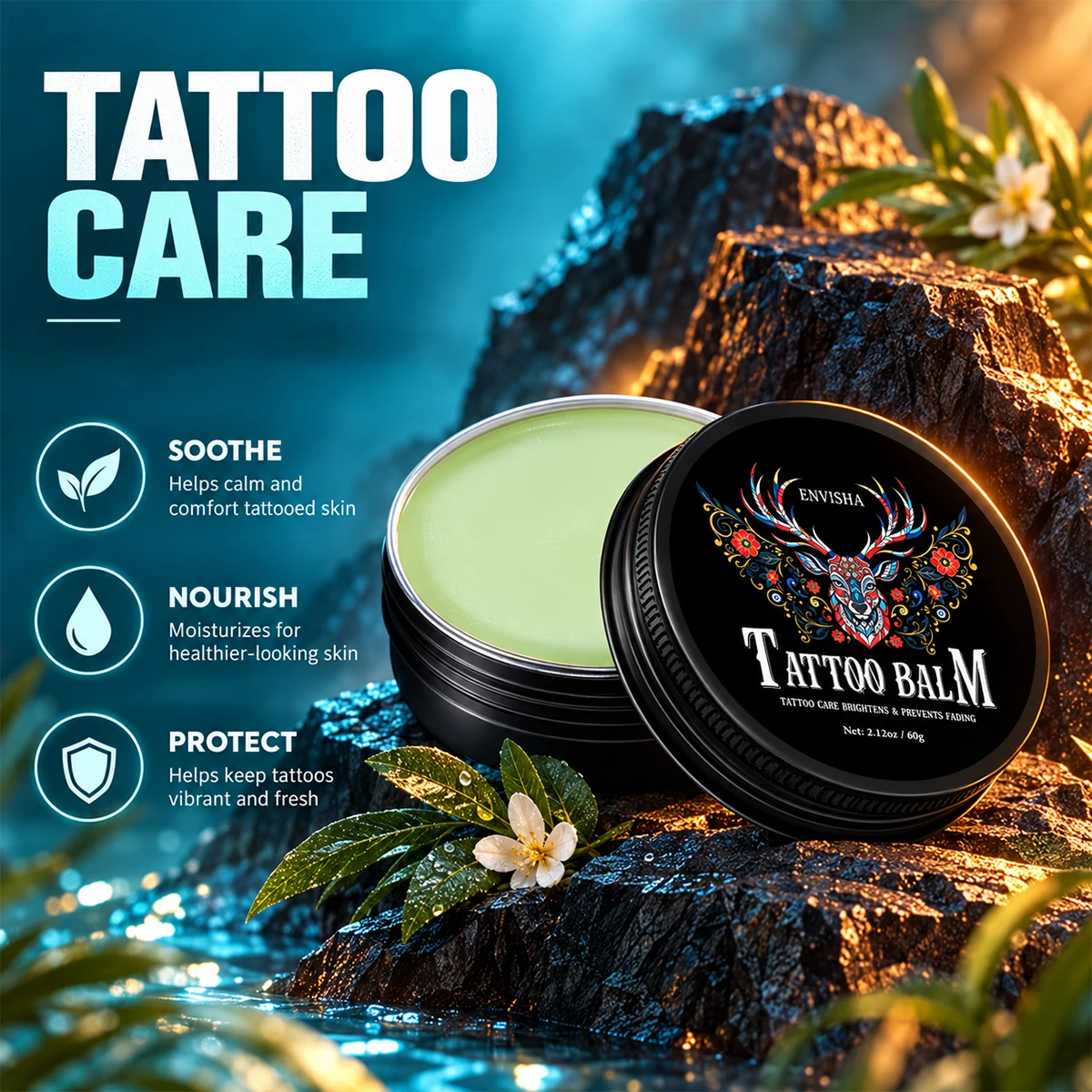 Tattoo-Hautpflege-Balsam-Creme, tiefenwirksam feuchtigkeitsspendend und nährend, für die Anwendung nach dem Tätowieren, hellt auf, sorgt für eine langanhaltende Farbfixierung, reizt nicht. – Detail 5